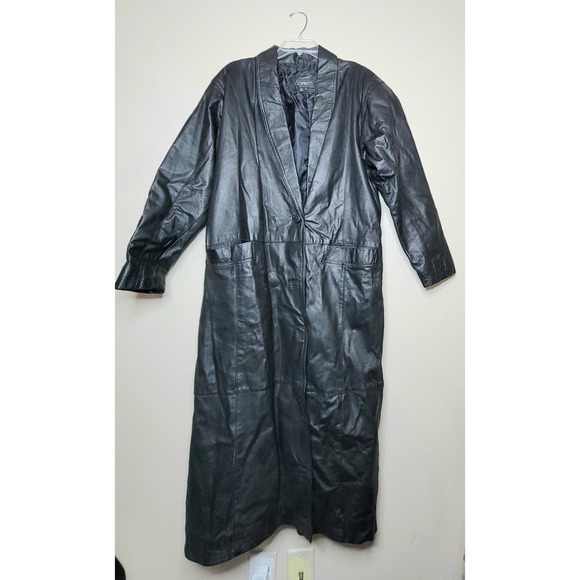 Vintage COMINT Long Black Leather Double Breast Trench Coat Sz S